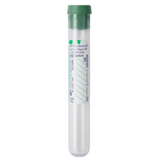 BD  # 367874 - Plastic Tube, Conventional Stopper, 16mm x 100mm, 10.0mL, Green, Paper Label, Sodium Heparin (bxray coated), 1,000 Per/Cs