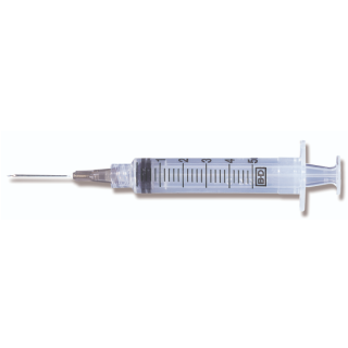 BD  # 309634 - Syringe 5 mL Luer Lock with 20G x 1 Inch PrecisionGlide Detachable Needle, 100/BX, 4 BX/CA