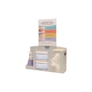 Bowman # RS001-0212 - Respiratory Hygiene Station Holds Two Boxes of Face Masks, (1-2) Boxes of Facial Tissues, (1) Hand Sanitizer Bottle, Optional Sign Holders MP-070 or MP-075 (sold separately), Optional Floor Stands KS010-0412 or KS201-0029 (sold separately) Keyholes For Wa