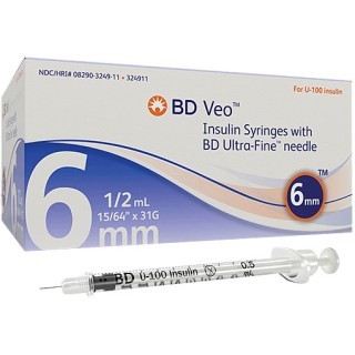 BD  # 324911 - Insulin Syringe, 31G, 6mm, 1/2mL, 100/pk, 5 pk/cs (Temp Sensitive; Non-Returnable) (Continental US Only)
