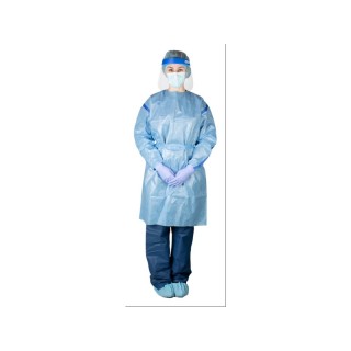Dukal # G1006 - Poly-Coated Chemotherapy Gown, ASTM F739-12, Hook and loop neck closure, Waist ties & knit cuffs, Blue, Large, 30 Per/Cs