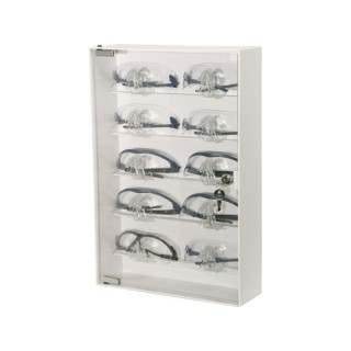 Bowman # CP-075 - Eyewear Cabinet, Locking, Holds up to 10 pr of Safety Glasses on Nose Holders, Keyholes For Wall Mounting, White ABS Plastic & Clear PETG Plastic, 13½