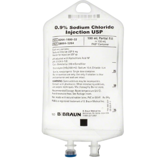B Braun # S8004-5264 - Injection Solution Sod Cl.9% 100/150mL Non-DEHP/Non-PVC 100ml, 64 EA/CA