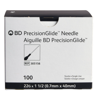 BD  # 305159 - Short Bevel Needle 22 Gauge x 1 1/2 Inch Sterile,  100/BX, 10 BX/CS